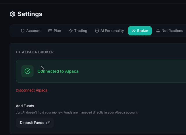 Alpaca broker connected in JorgAI settings